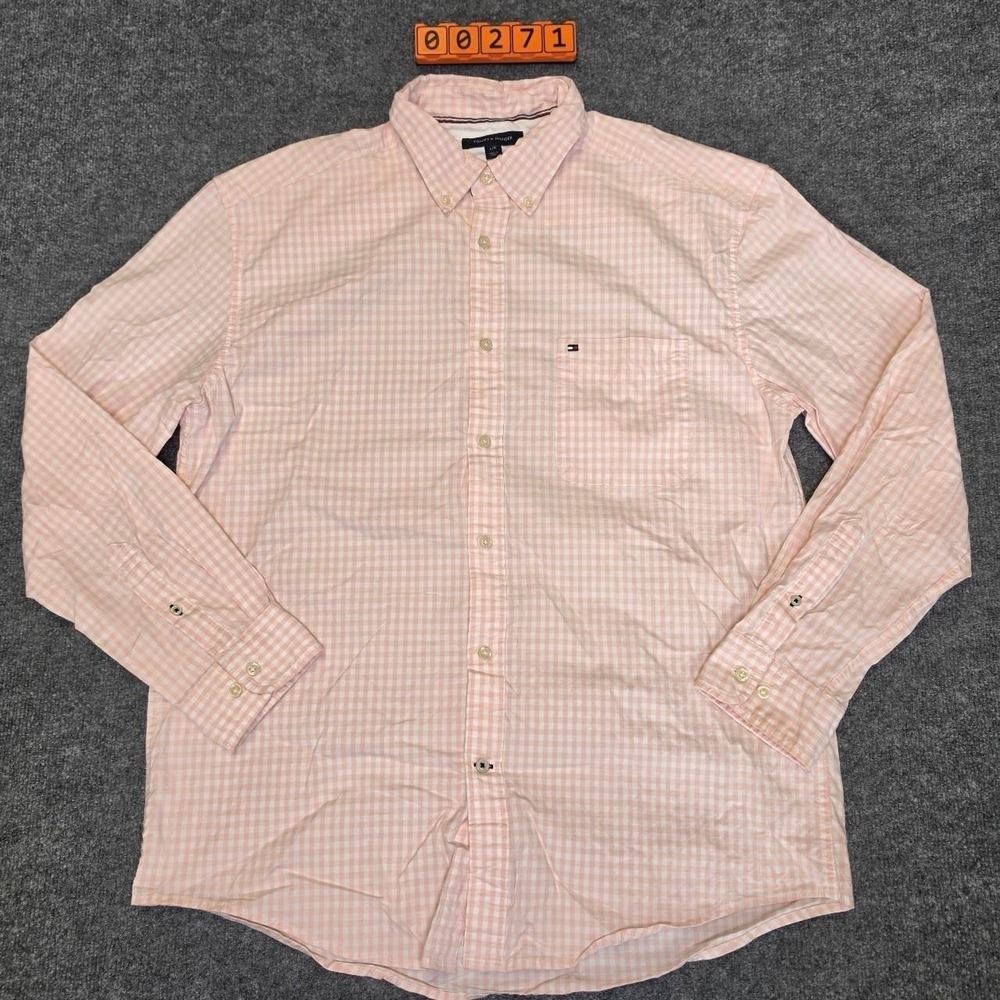 Tommy Hilfiger baby pink checkered button-up shirt in size L.